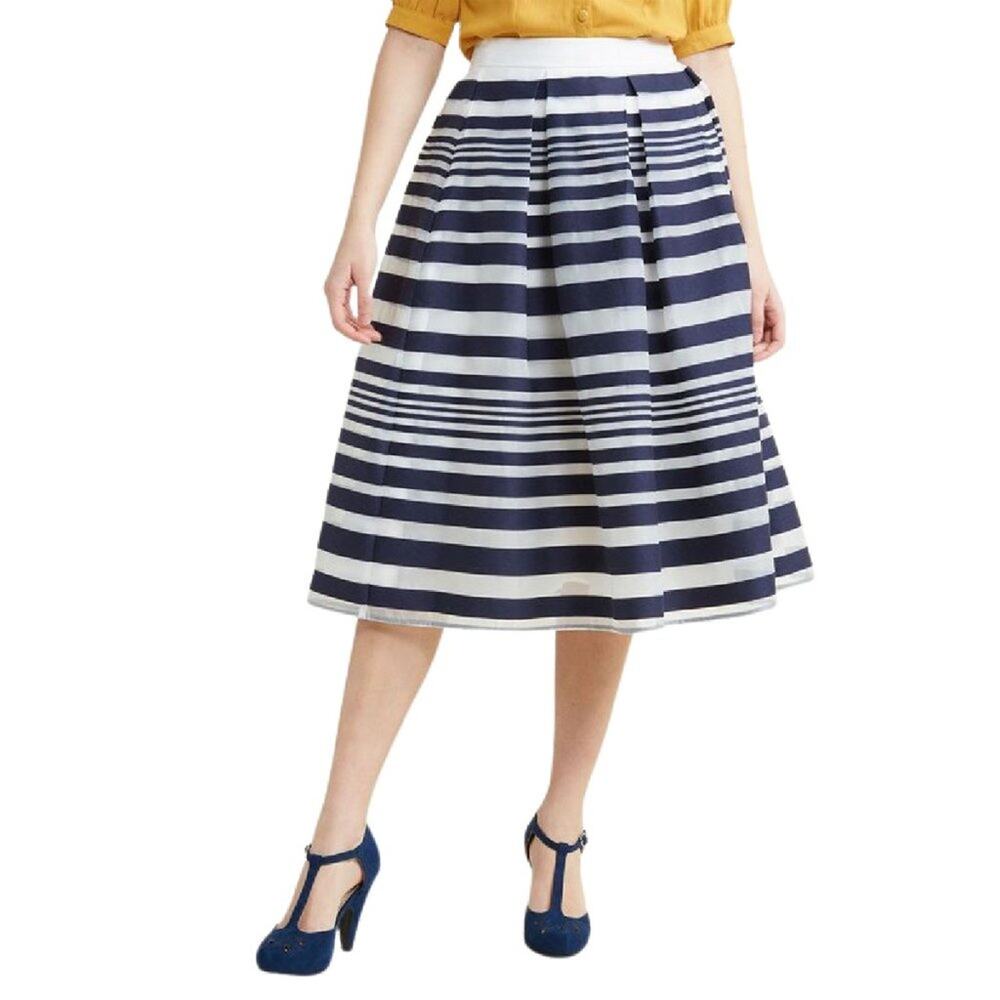 ModCloth Soiree Elation Midi Skirt S Small Navy Blue White Sheer Stripe Pleated